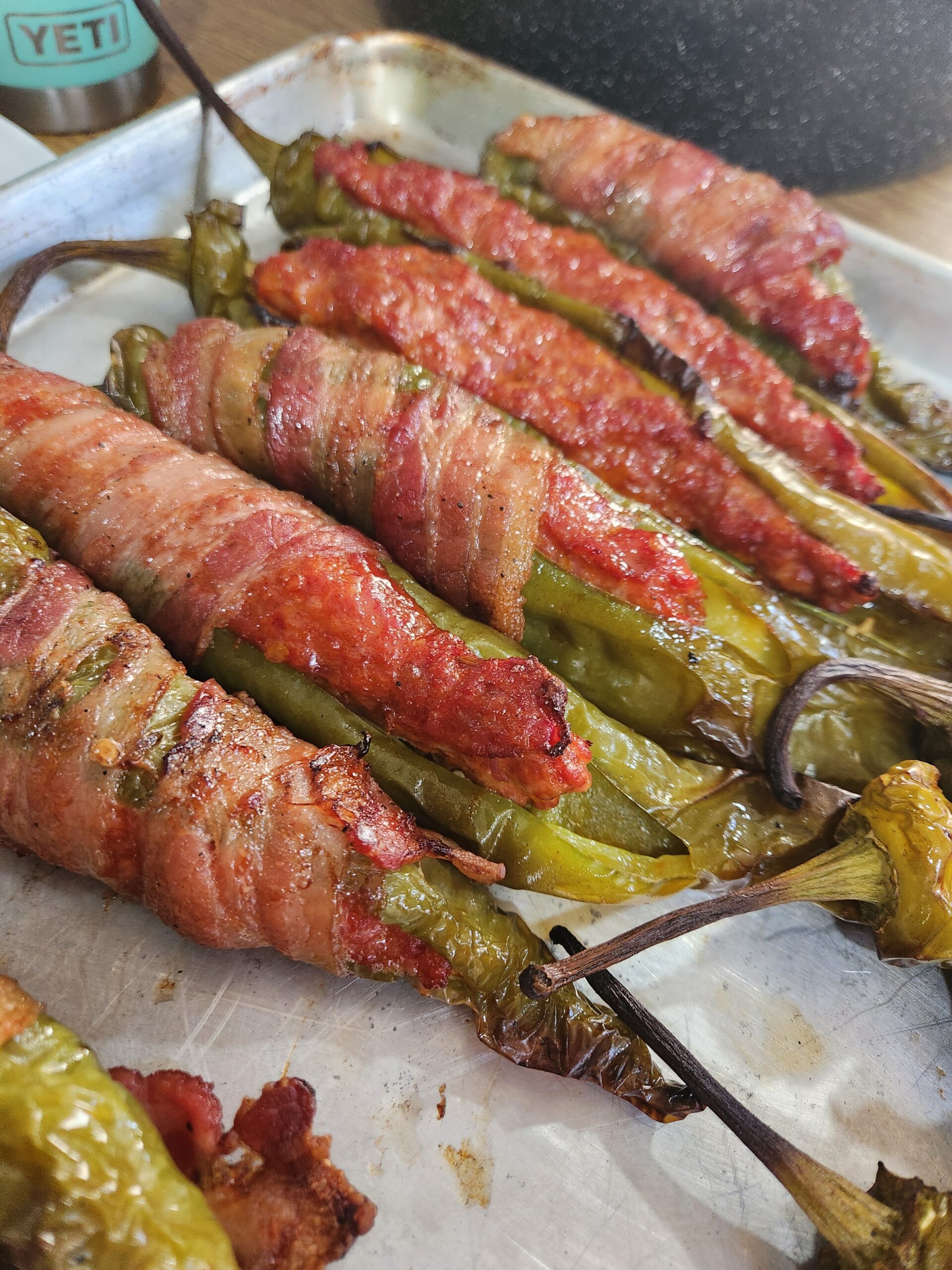 Sausage-Stuffed Long Hots with Bacon & Bourbon Maple Glaze