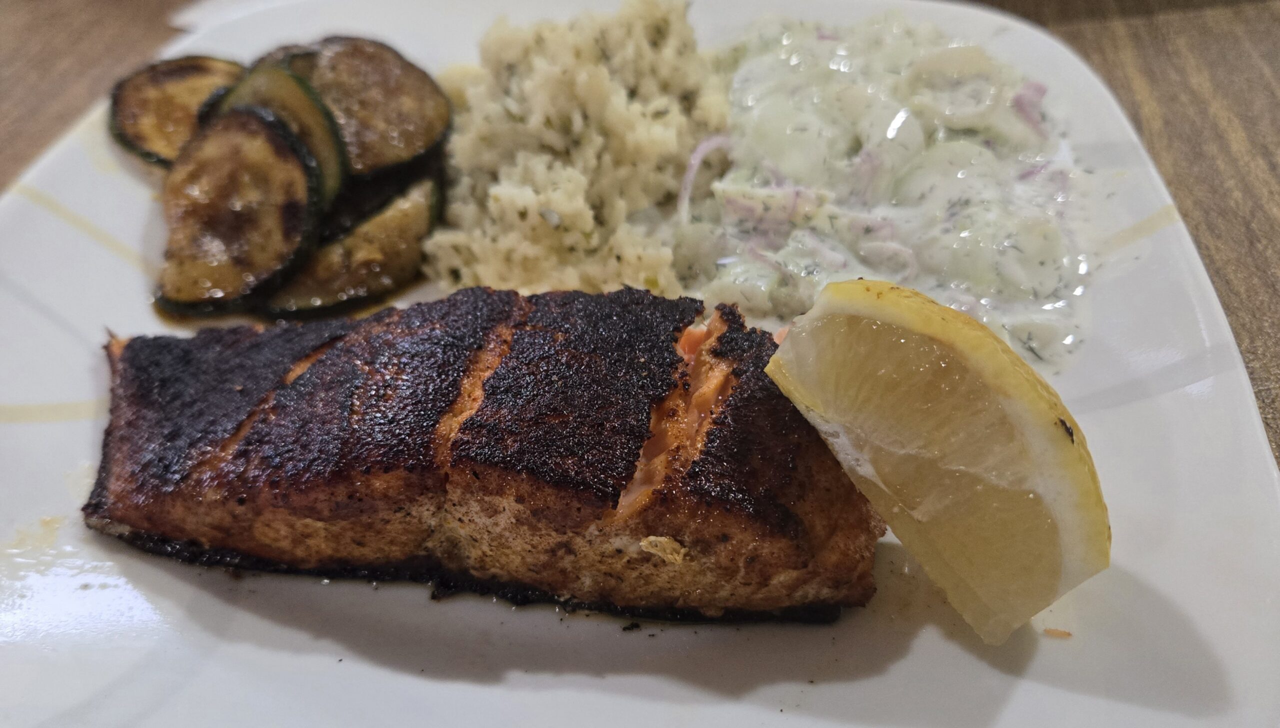 Blackened Salmon Dinner with Cucumber Salad & Rice