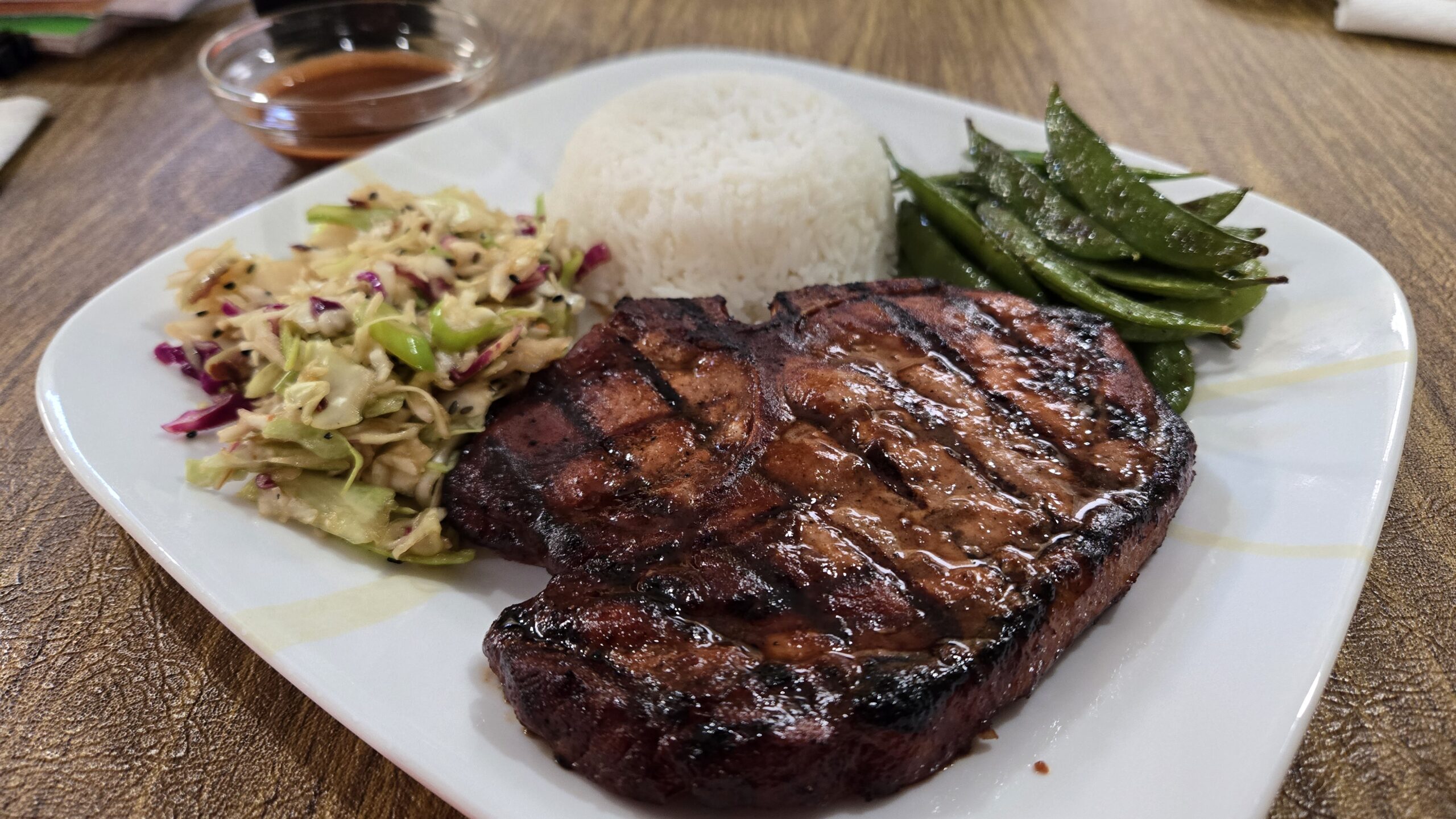 Char Siu Pork Chop Dinner with Asian Slaw & Snap Peas