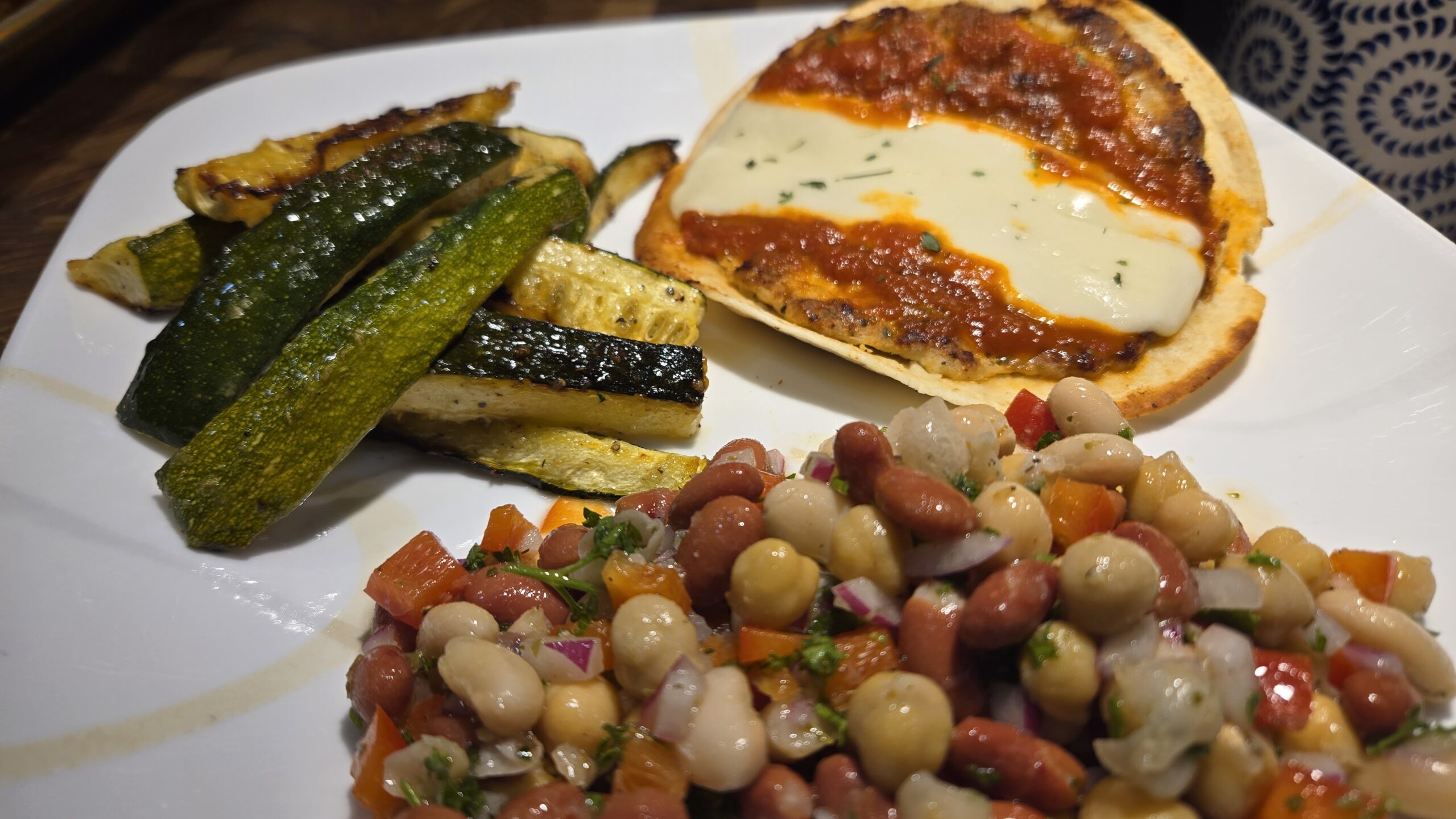 Smashed Chicken Parm Tacos with Zucchini Fries & Salad