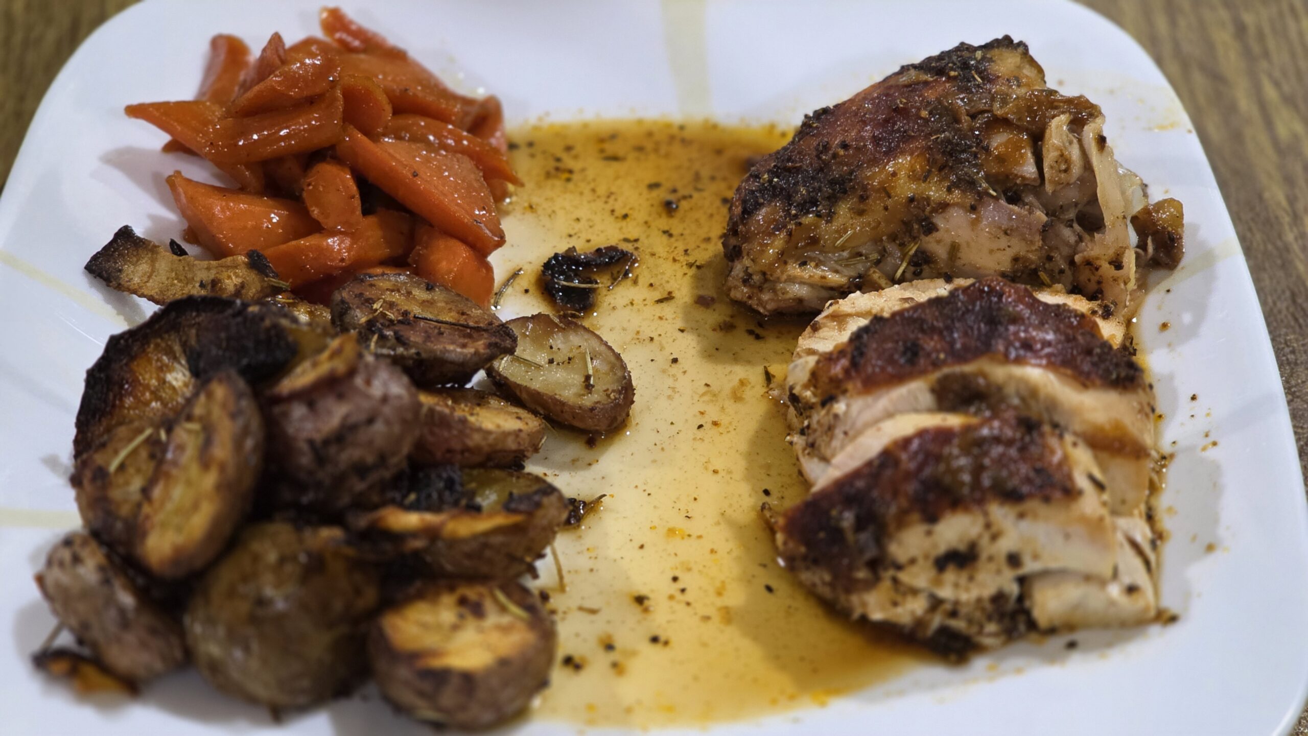 Spatchcocked Chicken with Roasted Potatoes & Candied Carrots